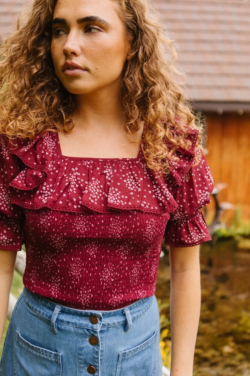 Gracie Top In Wine Floral - FINAL SALE