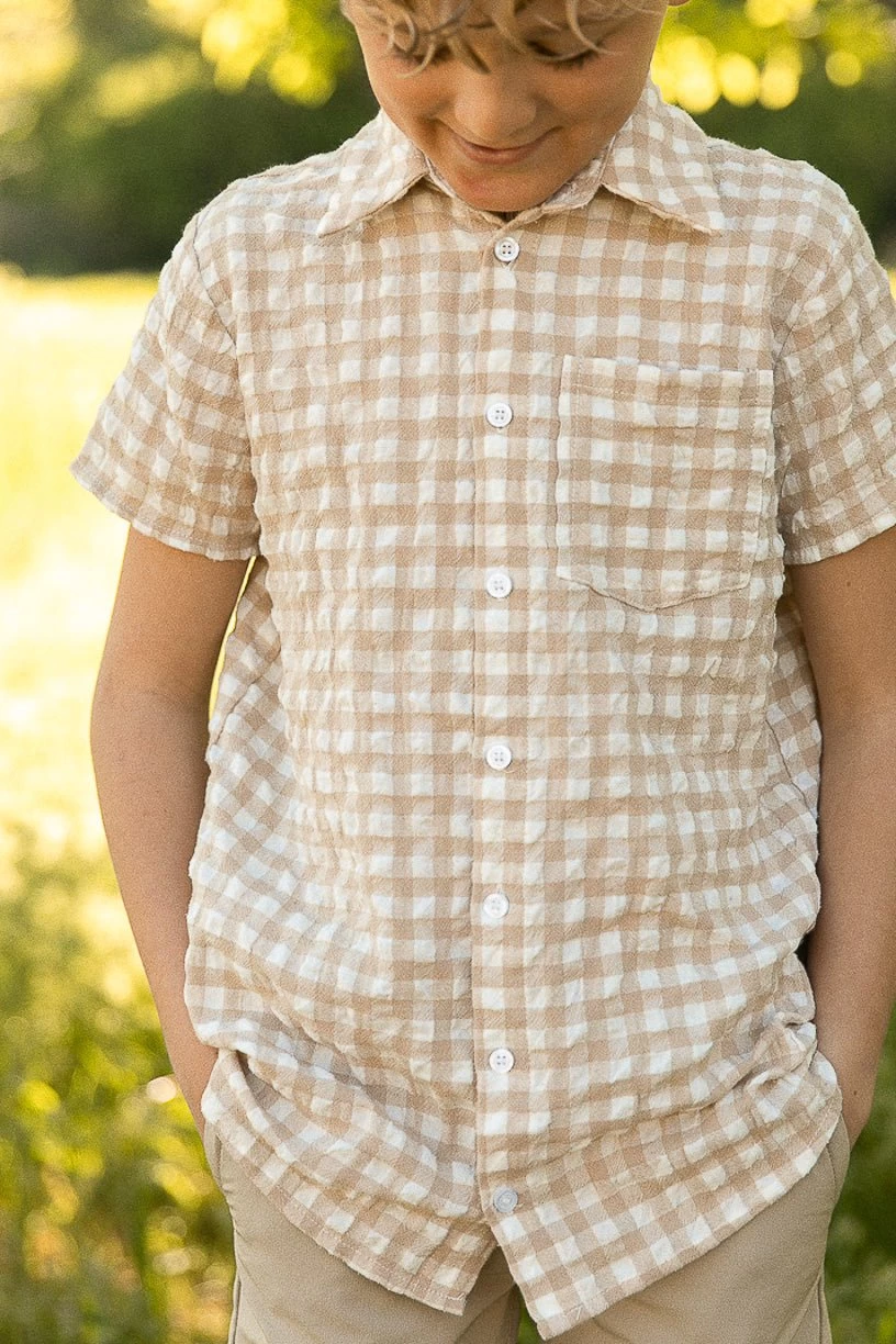 Madeline Boys Shirt In Tan Gingham - FINAL SALE - Image 9