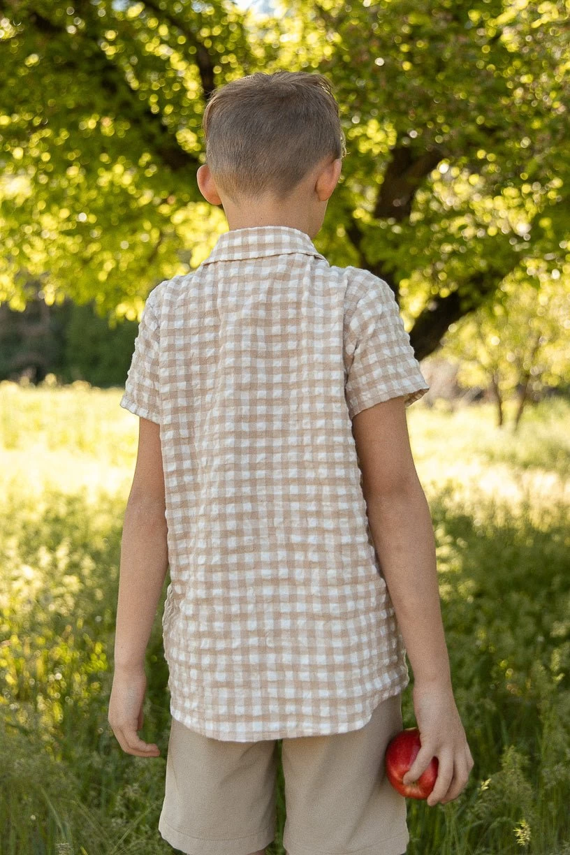 Madeline Boys Shirt In Tan Gingham - FINAL SALE - Image 4