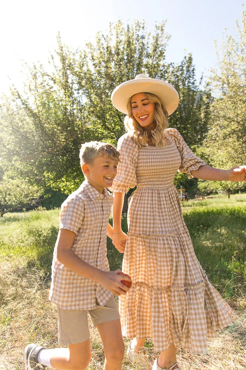 Madeline Boys Shirt In Tan Gingham - FINAL SALE - Image 5